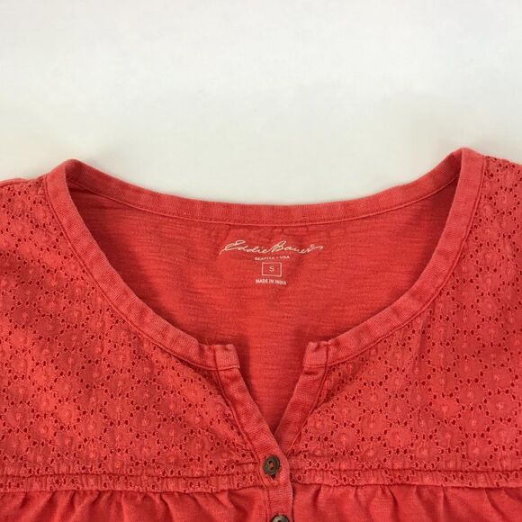 Eddie Bauer Split Neck Knit Top Women’s Size Small Orange 3/4 Sleeves Stretch - Picture 2 of 13